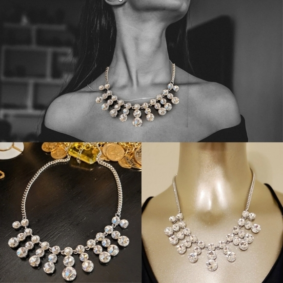 Vintage Elegant White Crystal Sunburst Silver Collar Necklace - Picture 16 of 16